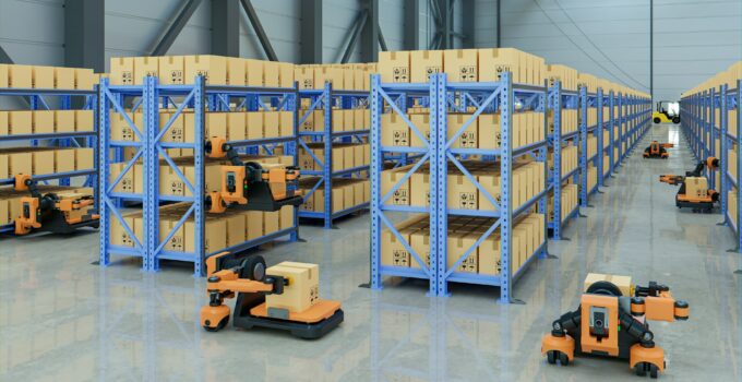Automated warehouse AGV robots with delivering.