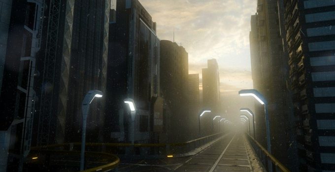 City street between tall modern buildings in early light with sun and clouds above, illustrating technology in 2040